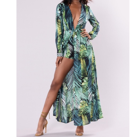 Fashion Nova Palm Leaf Tropical Maxi Dress Romper - Picture 3 of 7